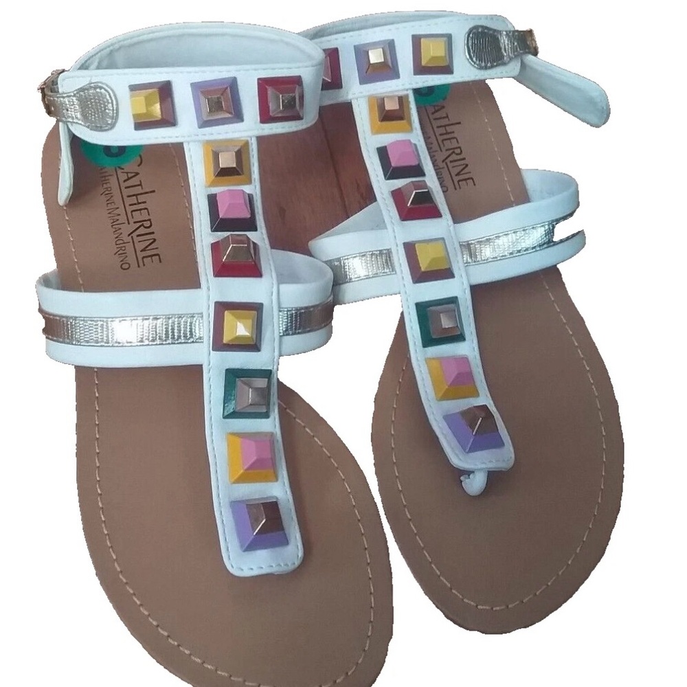 Catherine Malandrino Gladiator T-Strap Sandals with Multicolor Square Studs